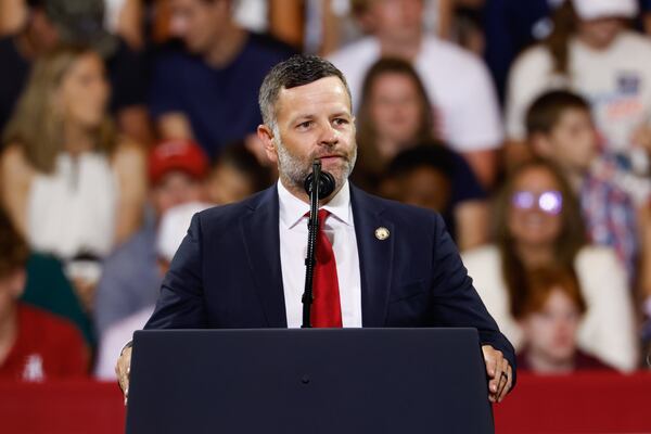 Republican State Rep. Tim Fleming speaks at President Donald Trump’s rally at Wheeler High School in Marietta, Ga. on July 22, 2026. (Arvin Temkar/AJC)