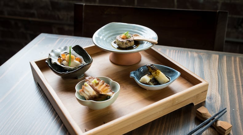 Braised Octopus and Daikon, Ankimo, Miyagi Oyster, and White Asparagus with House Nori Sauce. Credit- Mia Yakel.