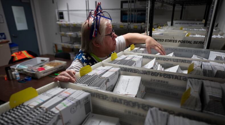 FILE - Election worker Wendy Wimer looks through vote-by-mail ballots for the presidential primary election, March 12, 2024, at the Clark County Elections Office in Vancouver, Wash. (AP Photo/Jenny Kane, File)