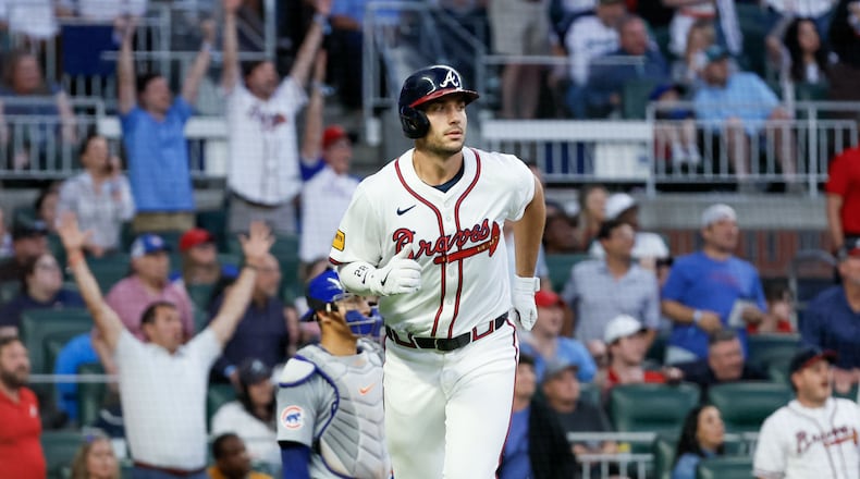 Atlanta Braves first baseman Matt Olson (28) watches the ball after hitting a three-run home run during the fourth inning against the Chicago Cubs at Truist Park on Tuesday, May 14, 2024, in Atlanta.
(Miguel Martinez/ AJC)