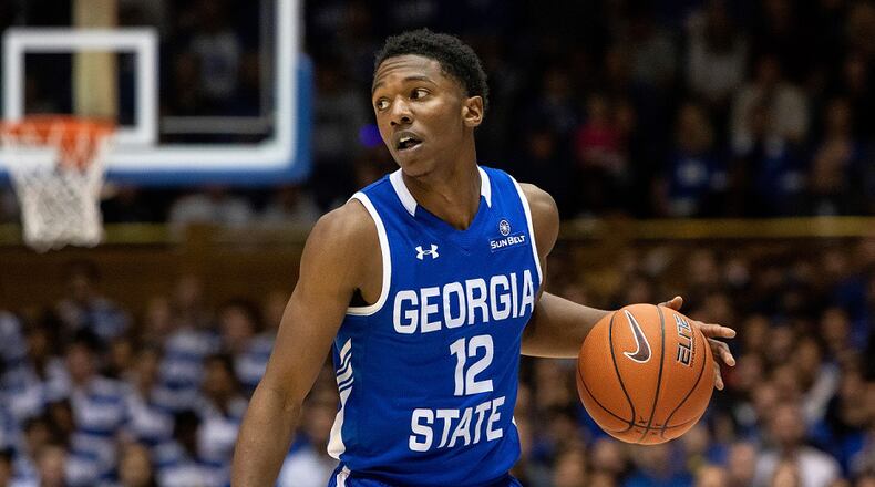 Georgia State's Kane Williams handles the ball during a game against Duke in Durham, N.C., Friday, Nov. 15, 2019. (AP Photo/Ben McKeown)
