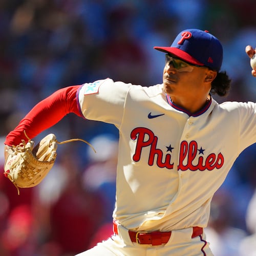 Philadelphia Phillies pitcher Jesús Luzardo throws during the ninth inning of a baseball game against the Atlanta Braves, Monday, Sept. 7, 2026, in Philadelphia. (AP Photo/Derik Hamilton)