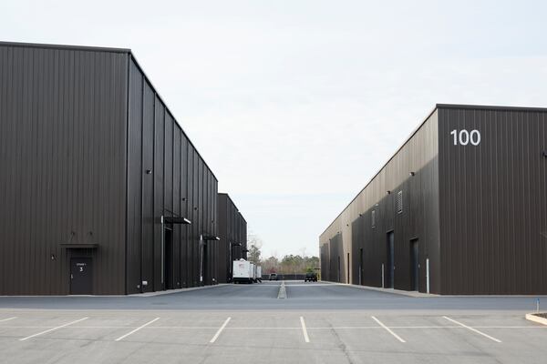 An alley at Athena Studios in Athens, Ga., shows little activity between the studio stages on Tuesday, Dec. 9, 2025. As film production declines in the state, the developer has proposed converting the Athena Studios campus into a data center. (Miguel Martinez/ AJC)