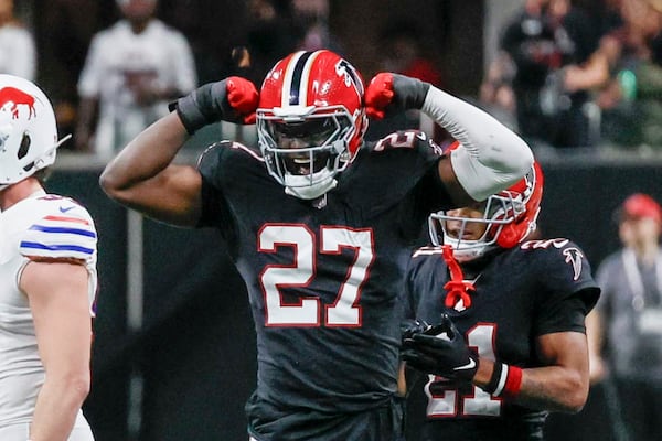 Falcons defensive end James Pearce Jr. celebrates a sack against the Buffalo Bills on Monday, Oct. 13, 2025, at Mercedes-Benz Stadium in Atlanta. Pearce, who has blitzed 21 times, has come on over the past four games. (Miguel Martinez/AJC)