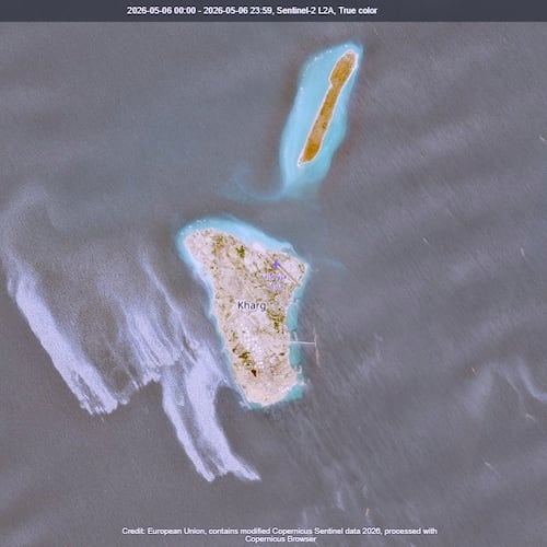 This satellite image provided by European Space Agency shows an apparent oil spill in the Persian Gulf off the western side of Kharg Island, Iran’s main crude oil export terminal, on Wednesday, May 6, 2026. ( European Space Agency via AP)