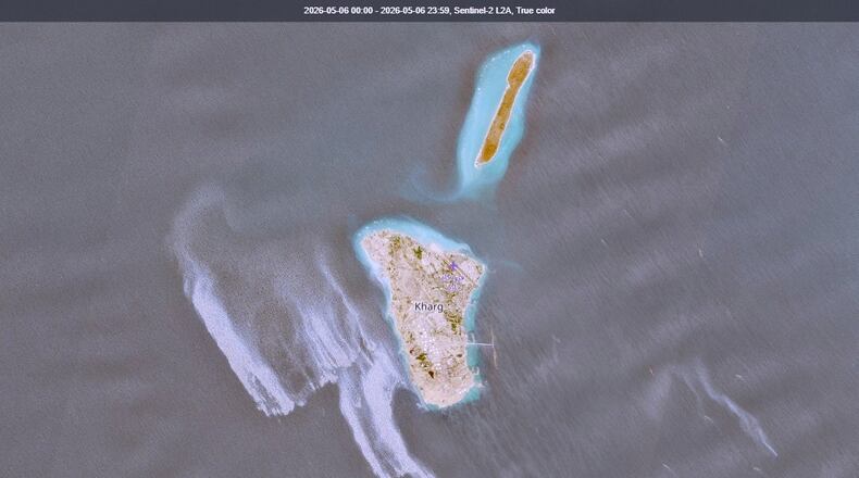 This satellite image provided by European Space Agency shows an apparent oil spill in the Persian Gulf off the western side of Kharg Island, Iran’s main crude oil export terminal, on Wednesday, May 6, 2026. ( European Space Agency via AP)