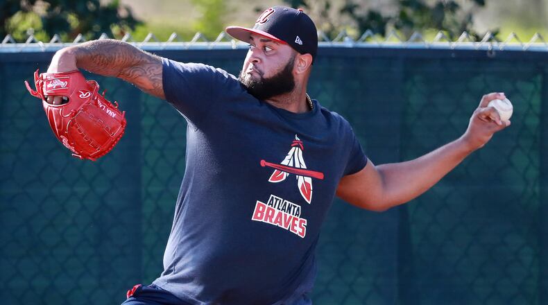 Slimmed down Atlanta Braves pitcher Luiz Gohara throws in the bullpen as pitchers and catchers report for the first day of spring training at the ESPN Wide World of Sports Complex on Friday, Feb. 15, 2019, in Lake Buena Vista. Curtis Compton/ccompton@ajc.com
