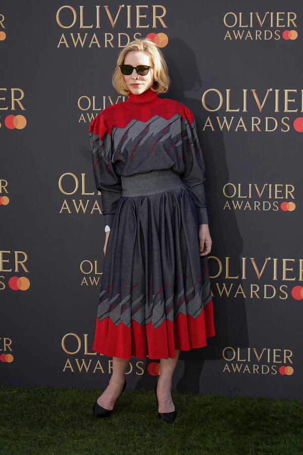 Cate Blanchett poses for photographers upon arrival at the Olivier Awards on Sunday, April 6, 2025, in London. (Photo by Alberto Pezzali/Invision/AP)