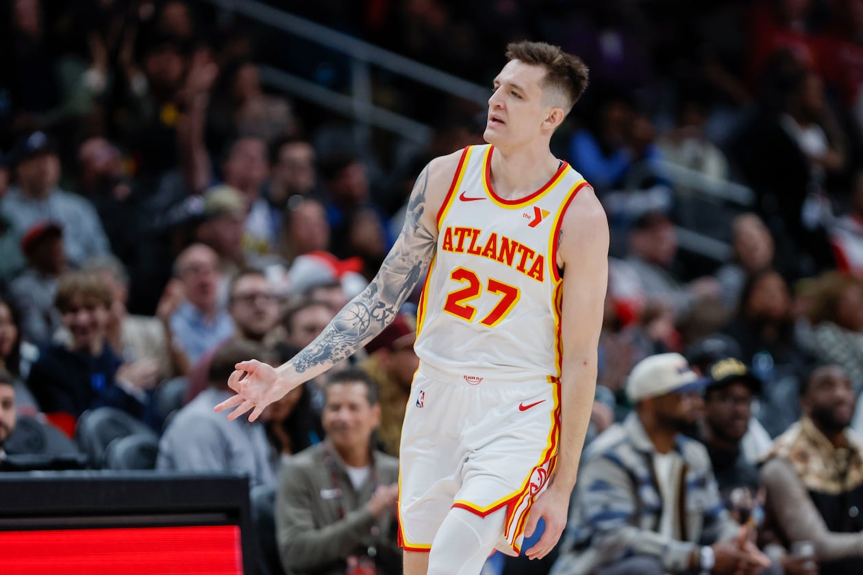 Atlanta Hawks guard Vit Krejci (27) reacts after scoring a tree pointer during the second half against the Philadelphia 76rs at Farm Arena on Monday, March 10, 2025, in Atlanta.
(Miguel Martinez/ AJC)
