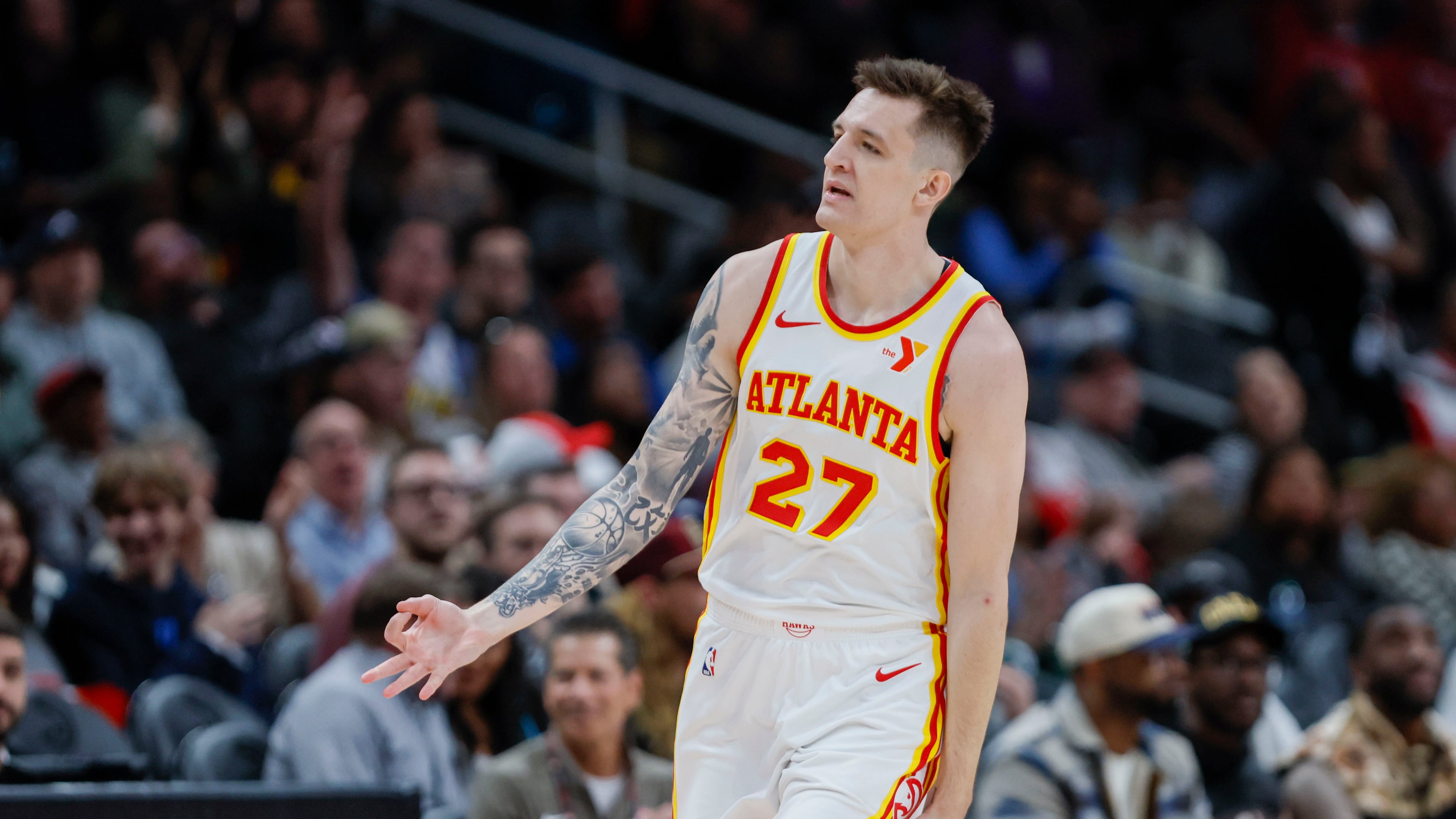 Atlanta Hawks guard Vit Krejci (27) reacts after scoring a tree pointer during the second half against the Philadelphia 76rs at Farm Arena on Monday, March 10, 2025, in Atlanta.
(Miguel Martinez/ AJC)