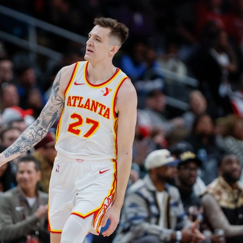 Atlanta Hawks guard Vit Krejci (27) reacts after scoring a tree pointer during the second half against the Philadelphia 76rs at Farm Arena on Monday, March 10, 2025, in Atlanta.
(Miguel Martinez/ AJC)