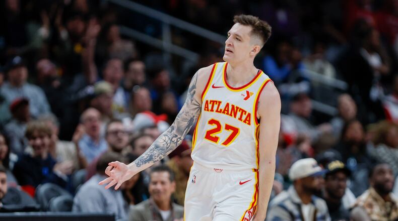 Hawks guard Vit Krejci, shown here playing against the Philadelphia 76ers last season, scored a team-high and career-high 28 points on a career-high eight 3-pointers on Monday night. (Miguel Martinez/AJC)
