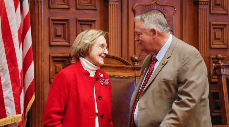 Georgia House Health and Human Services Committee Chairwoman Sharon Cooper, R - Marietta, and House Speaker David Ralston, R-Blue Ridge, earlier this year. They are promoting a plan to extend Medicaid to new moms from 2 months to 6 months to combat the state’s high maternal mortality rate. Bob Andres / robert.andres@ajc.com