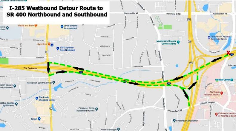 The exit ramp from westbound I-285 to northbound and southbound Ga. 400 will be closed in the coming nights,. The recommended detour is for motorists to continue west to Roswell Road, exit and turn left on Roswell to the eastbound I-285 ramp, and take the interstate back to the Ga. 400 interchange. GEORGIA DEPARTMENT OF TRANSPORTATION