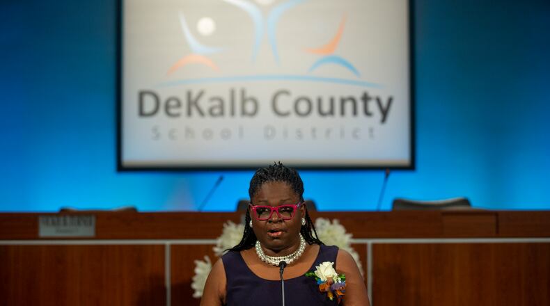DeKalb County School District board member Vickie Turner speaks at event in Stone Mountain, Georgia, on T July 1, 2020. (REBECCA WRIGHT FOR THE ATLANTA JOURNAL-CONSTITUTION)
