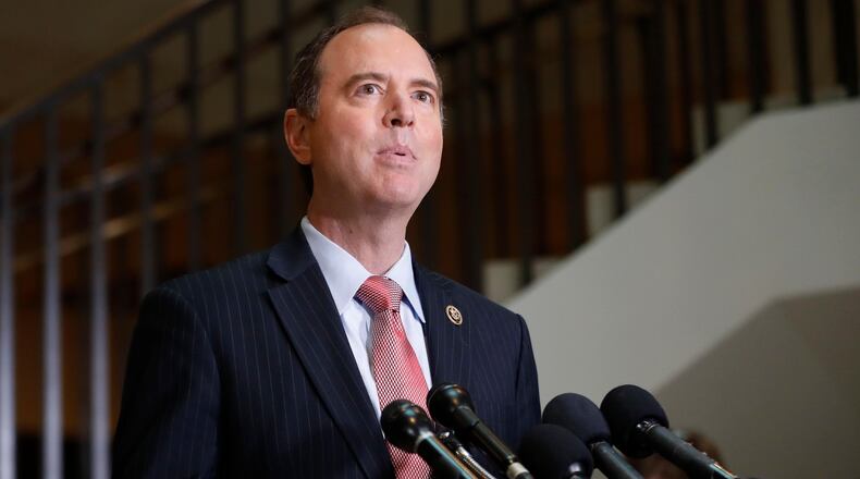 The House Intelligence Committee's ranking member Rep. Adam Schiff, D-Calif. speaks to reporters on Capitol Hill in Washington, Thursday, April 8, 2017, regarding the announcement that Committee Chairman Rep. Devin Nunes, R-Calif. will temporarily step side from the panel's investigation of Russian meddling in the election because of the complaints.