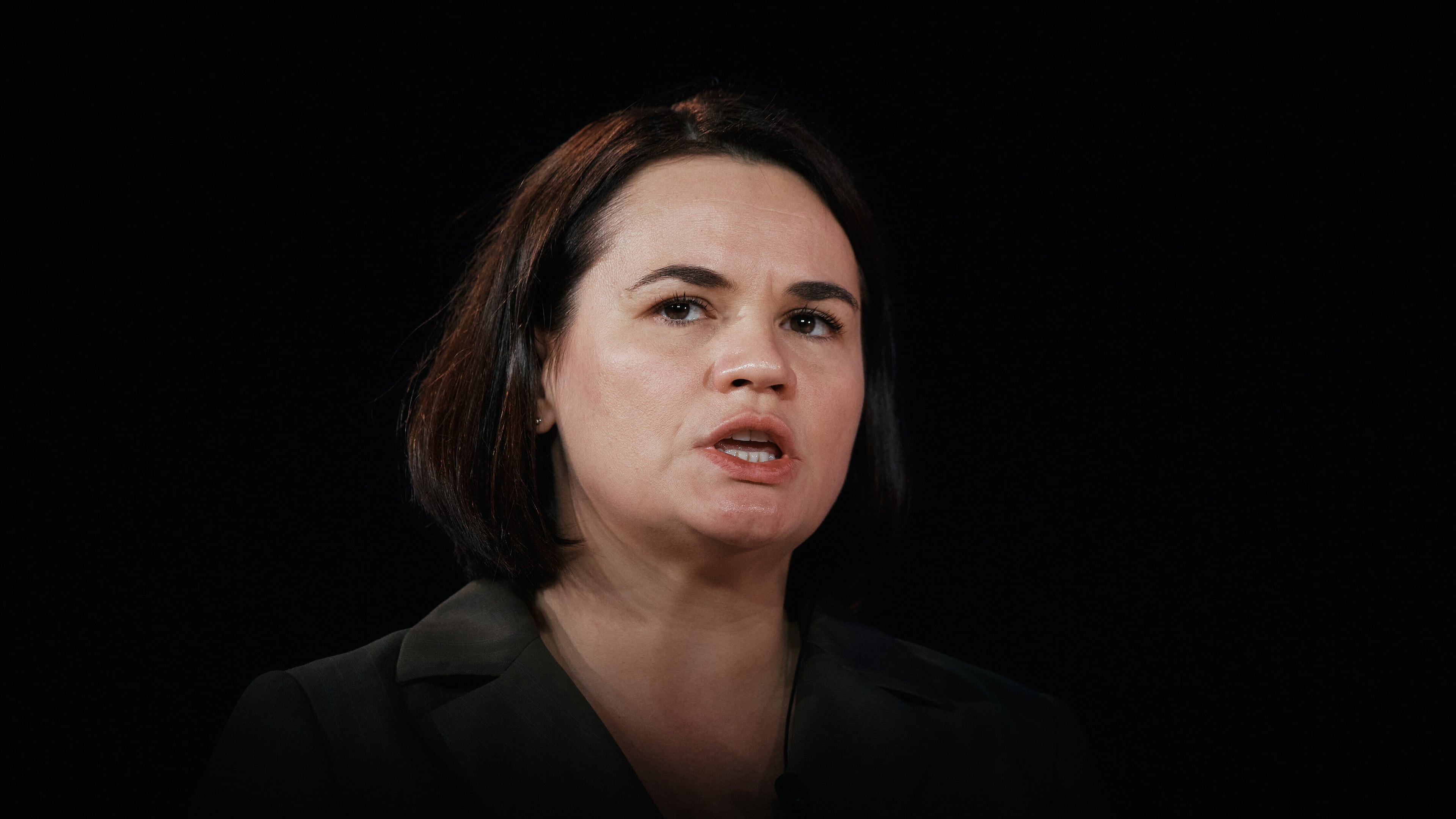Sviatlana Tsikhanouskaya from Belarus speaks during the Concordia Annual Summit, in New York, Tuesday, Sept. 23, 2025. (AP Photo/Andres Kudacki)
