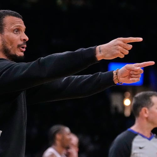 Boston Celtics head coach Joe Mazzulla calls to his players during the first half of Game 5 of a first-round NBA playoffs basketball series against the Philadelphia 76ers, Tuesday, April 28, 2026, in Boston. (AP Photo/Charles Krupa)