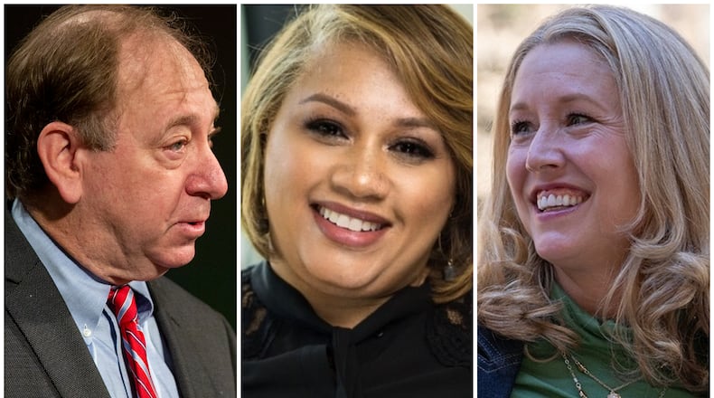 DeKalb County commission candidates, from left, Marshall Orson, Lauren Alexander and Michelle Long Spears.