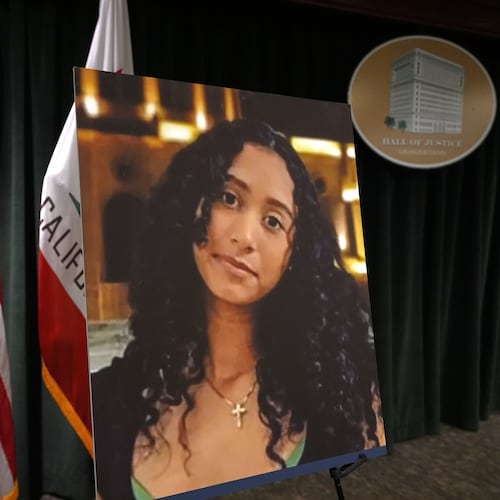 A photo of Celeste Rivas Hernandez is displayed Monday, April 20, 2026, in Los Angeles for a press conference regarding the case of singer D4vd, who was charged on suspicion of killing the 14-year-old girl whose dismembered body was found in his car. (AP Photo/Damian Dovarganes)