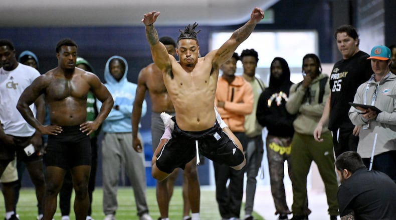 Georgia Tech running back Dontae Smith leaps during Georgia Tech Pro Day at Georgia Tech football's indoor practice facility, Friday, March 15, 2024, in Atlanta. (Hyosub Shin / Hyosub.Shin@ajc.com)