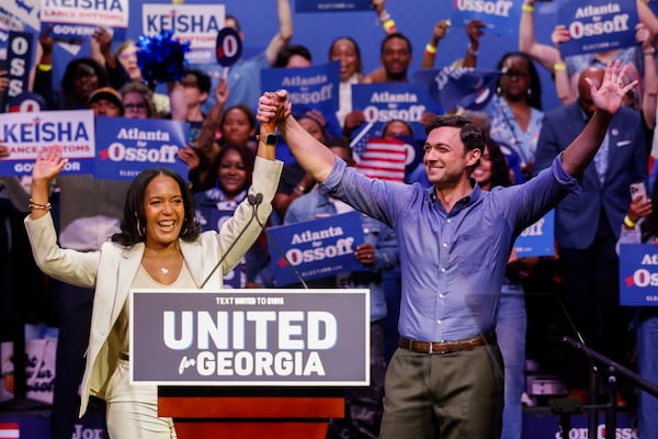 Democratic candidate for governor Keisha Lance Bottoms (left) and U.S. Sen. Jon Ossoff campaign together at the Tabernacle in Atlanta on Sunday. (Arvin Temkar/AJC)