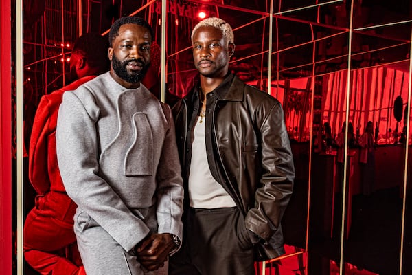 Sope Dirisu, left, and director Akinola Davies Jr. pose for a portrait photograph for the film 'My Father's Shadow' at the 78th international film festival, Cannes, southern France, Monday, May 19, 2025. (Photo by Joel C Ryan/Invision/AP)