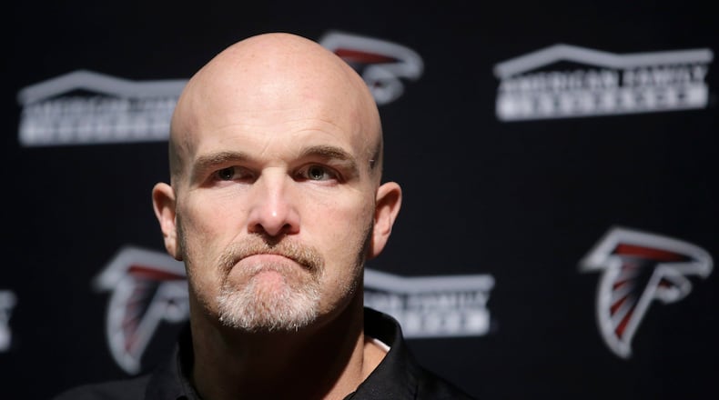 Atlanta Falcons head coach Dan Quinn speaks to the media following an NFL football game against the New England Patriots, Monday, Oct. 23, 2017, in Foxborough, Mass. (AP Photo/Steven Senne)