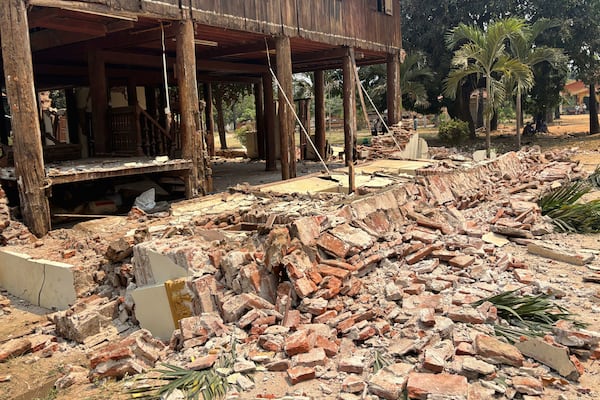A damaged monastery is seen after an earthquake, Friday, March 28, 2025 in Naypyitaw, Myanmar. (AP Photo/Aung Shine Oo)
