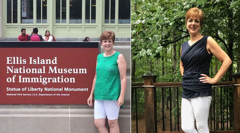 Boo Gibson, left, weighed 153 pounds when she visited Ellis Island in July 2016. She weighed 127 pounds in the photo, right, taken last month. (Photos contributed by Boo Gibson).