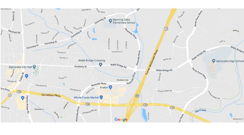 The Academy Street/Webb Bridge Road Corridor in Alpharetta will be the subject of a consultant’s $283,033 assignment to plan bicycle, pedestrian and operational improvements for the street. GOOGLE MAPS