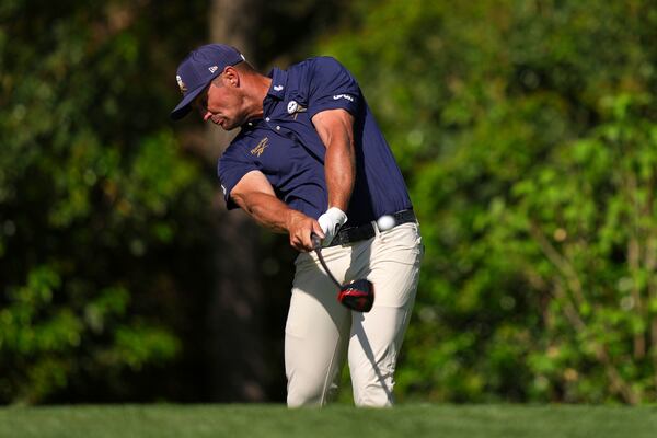 Bryson DeChambeau hits his tee shot on the 11th hole during the final round at the Masters golf tournament, Sunday, April 13, 2025, in Augusta, Ga. (AP Photo/Matt Slocum)