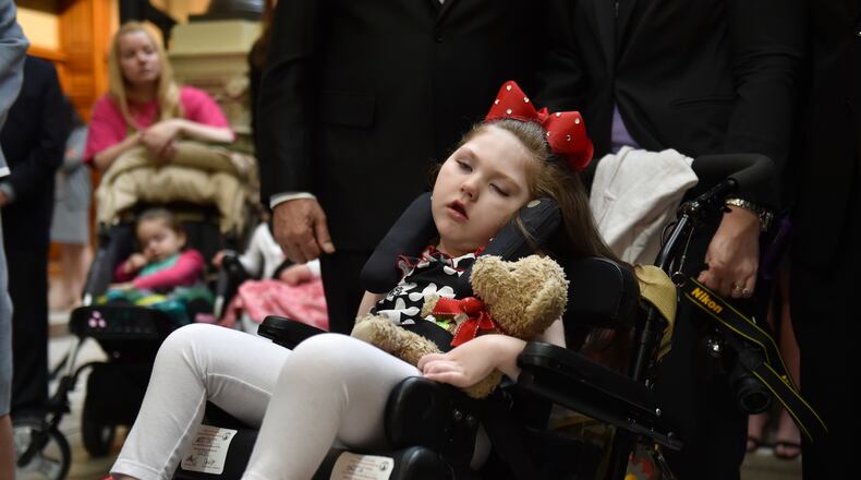 April 16, 2015 Atlanta, GA: Gov. Haleigh Cox was the inspiration behind House Bill 1, which allows the limited use of cannabis oil to treat disorders that include cancer, sickle cell disease and epilepsy as long as a physician signs off. Gov. Nathan Deal signed the bill Thursday amid a crowd of supporters. BRANT SANDERLIN/BSANDERLIN@AJC.COM