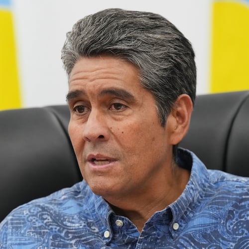 Palau's President Surangel Whipps Jr. speaks to reporters at the Pacific Islands Forum Leaders Meeting in Koror, Palau, Sunday, Aug. 30, 2026. (AP Photo/Charlotte Graham-McLay)