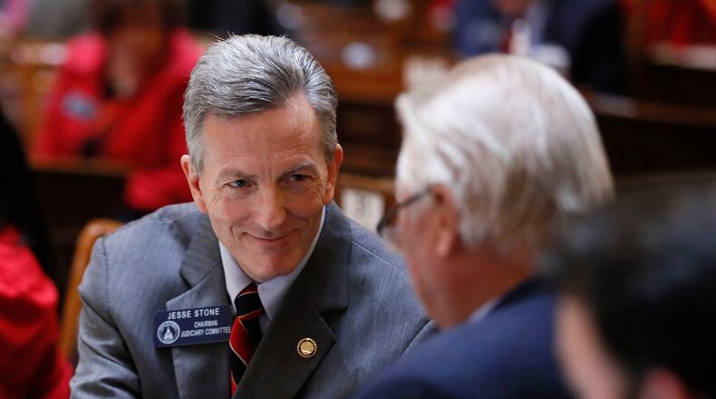 2/5/18 - Atlanta - Senator Jesse Stone, R-Waynesboro, reacts after the bill passed on a 53-2 vote. Gov. Nathan Deal and legislative leaders say adoption is a priority for this session. BOB ANDRES /BANDRES@AJC.COM
