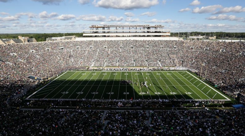 They general overview of field at Notre Dame Stadium is shown during the second half of an NCAA college football game between Notre Dame and Georgia Tech in South Bend, Ind., Saturday, Sept. 19, 2015. Notre Dame defeated Georgia Tech 30-22. (AP Photo/Michael Conroy)