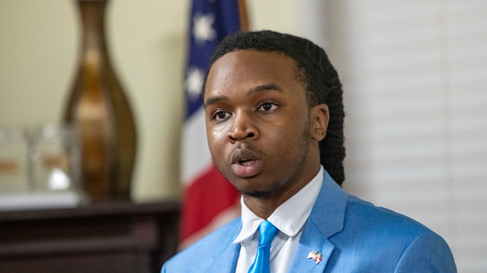 Ja'Quon Stembridge — pictured speaking at the monthly Henry County Republican Party meeting in July — was elected over the summer as the assistant secretary of the Georgia GOP. (Jenni Girtman for the AJC 2025)