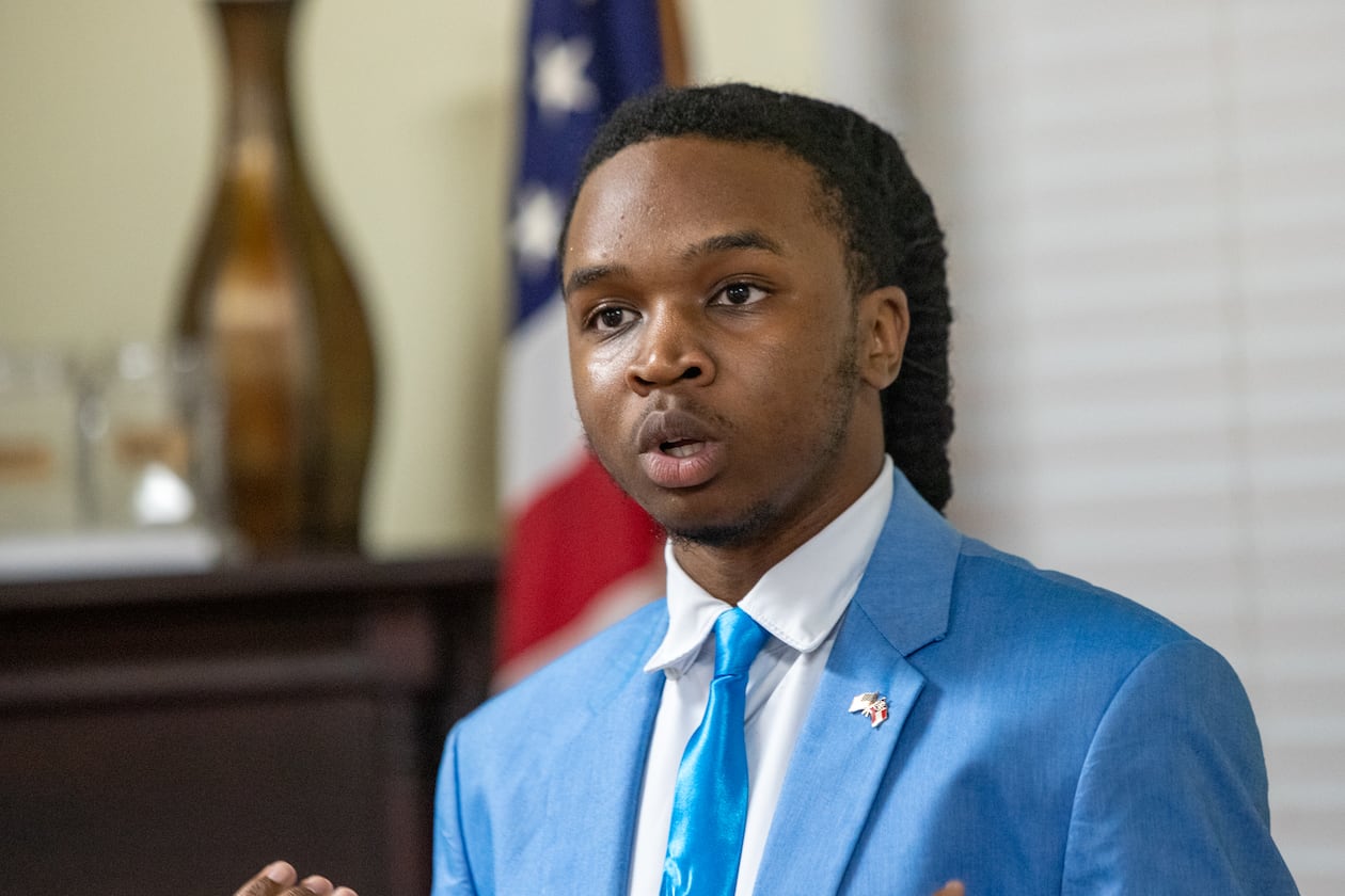 Ja'Quon Stembridge — pictured speaking at the monthly Henry County Republican Party meeting in July — was elected over the summer as the assistant secretary of the Georgia GOP. (Jenni Girtman for the AJC 2025)