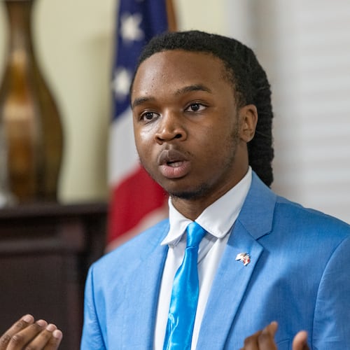 Ja'Quon Stembridge — pictured speaking at the monthly Henry County Republican Party meeting in July — was elected over the summer as the assistant secretary of the Georgia GOP. (Jenni Girtman for the AJC 2025)