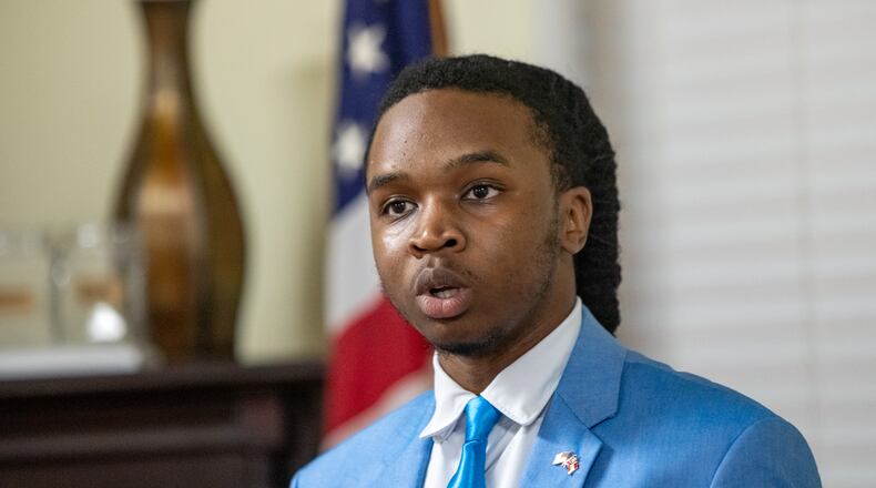 Ja'Quon Stembridge — pictured speaking at the monthly Henry County Republican Party meeting in July — was elected over the summer as the assistant secretary of the Georgia GOP. (Jenni Girtman for the AJC)