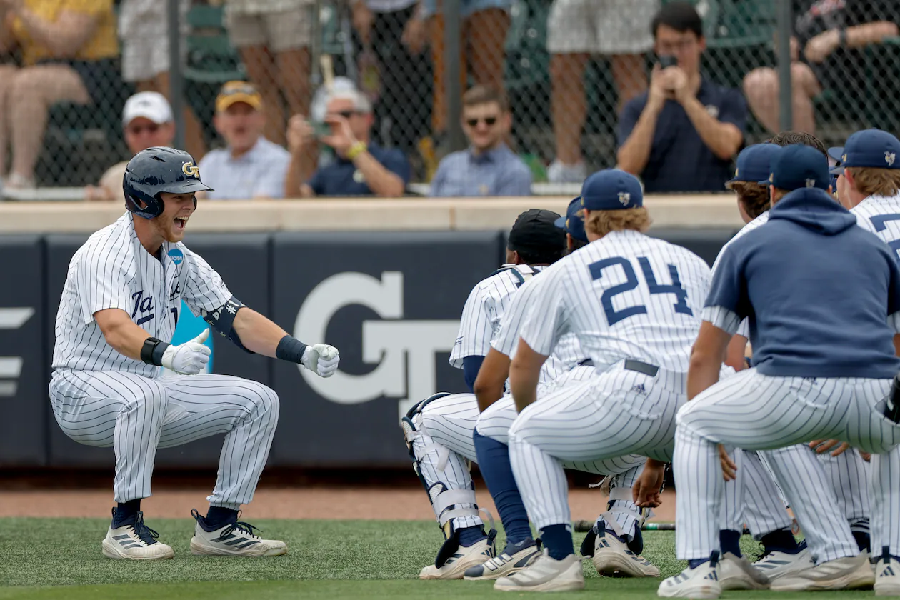 Georgia TechÕs Parker Brosius, left, celebrates with teammates after his solo home run against the Illinois Chicago in the second inning of an NCAA D1 Atlanta Regional baseball game at Russ Chandler Stadium, Friday, May 29, 2026, in Atlanta. (Erik S. Lesser for the AJC)