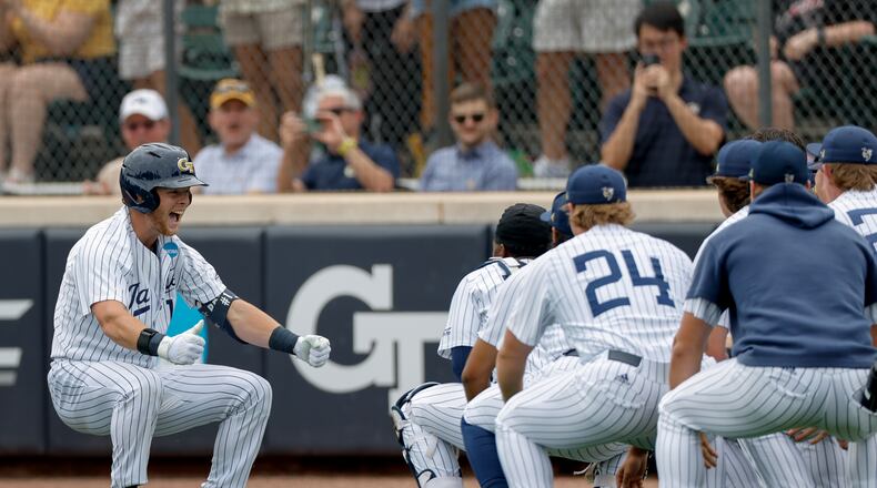 Georgia Tech's Parker Brosius (left) celebrates with teammates after hitting a solo home run in the second inning against Illinois Chicago on Friday, May 29, 2026, in an Atlanta Regional baseball game at Russ Chandler Stadium in Atlanta. (Erik S. Lesser for the AJC)