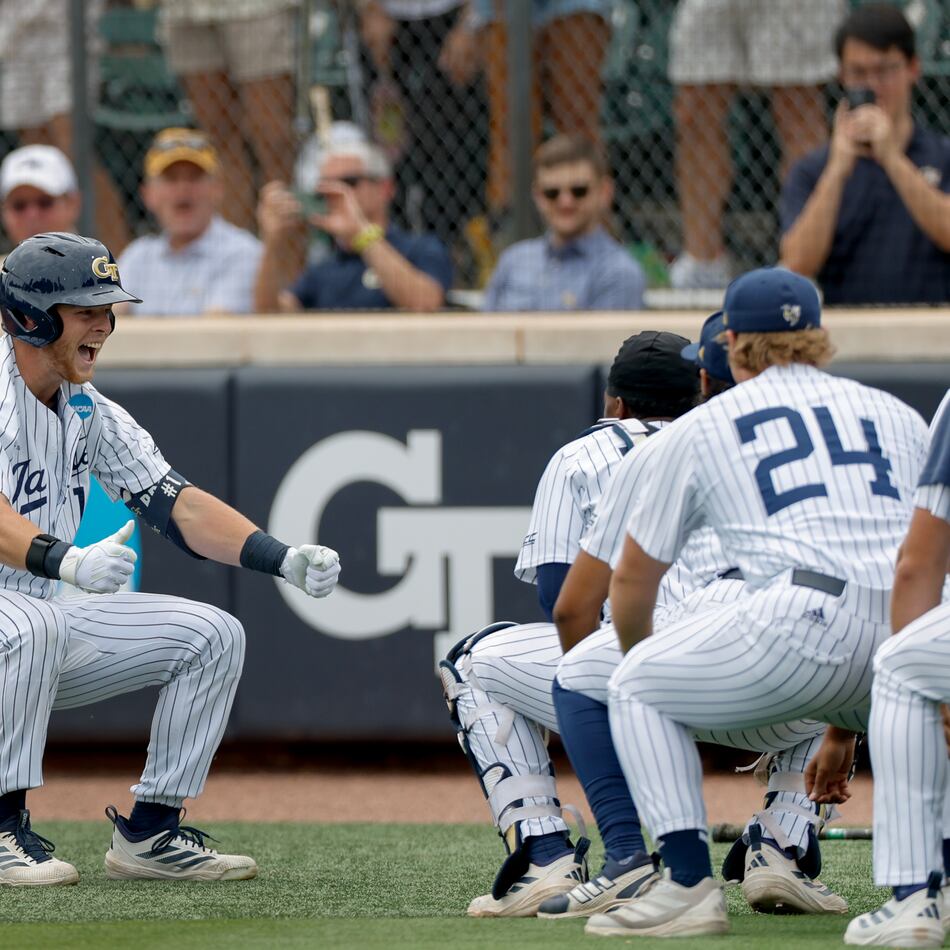 Georgia TechÕs Parker Brosius, left, celebrates with teammates after his solo home run against the Illinois Chicago in the second inning of an NCAA D1 Atlanta Regional baseball game at Russ Chandler Stadium, Friday, May 29, 2026, in Atlanta. (Erik S. Lesser for the AJC)