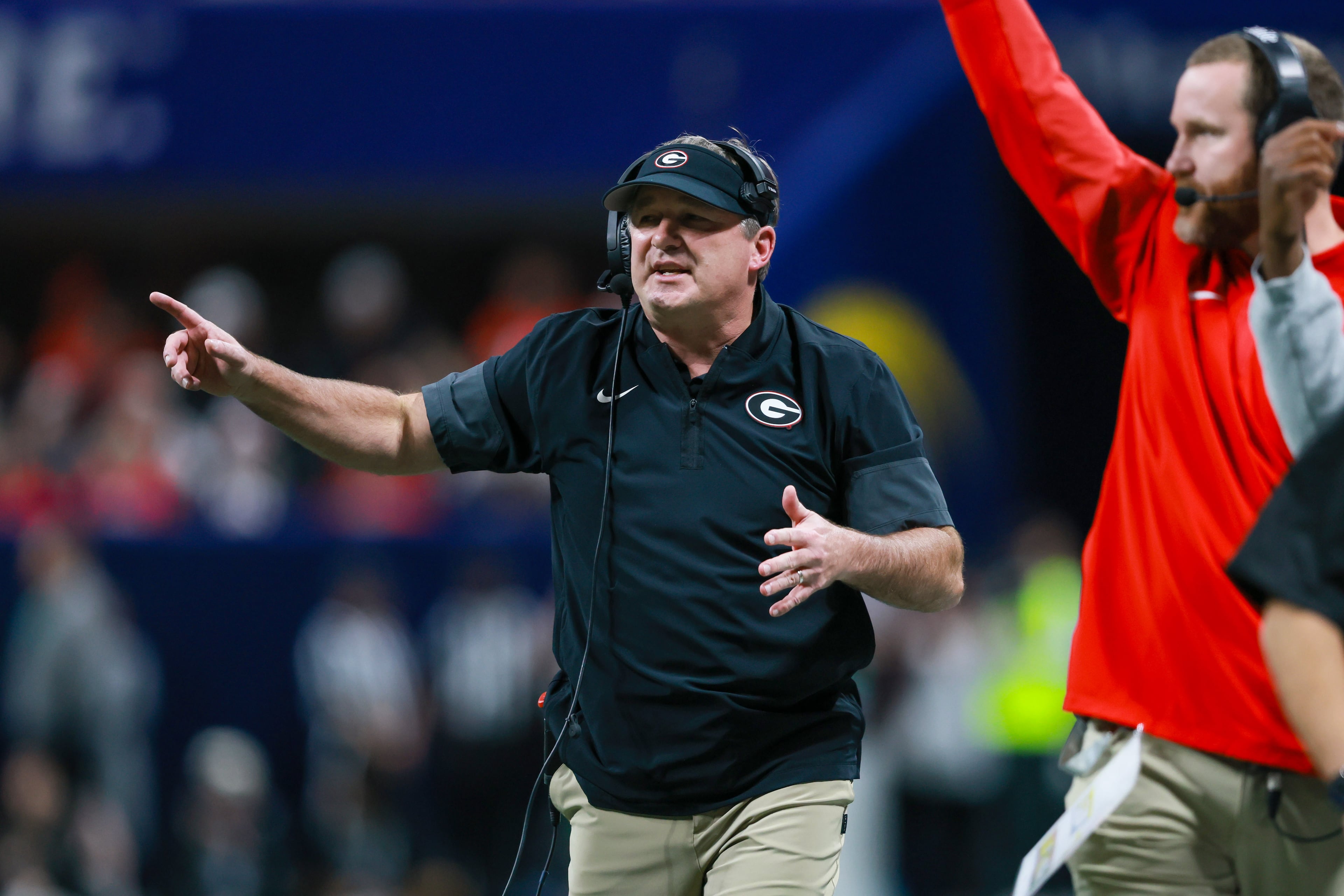Georgia head coach Kirby Smart reacts on the sideline against Alabama during the second quarter of the SEC Championship game at Mercedes-Benz Stadium, Saturday, Dec. 6, 2025, in Atlanta. (Jason Getz / AJC)