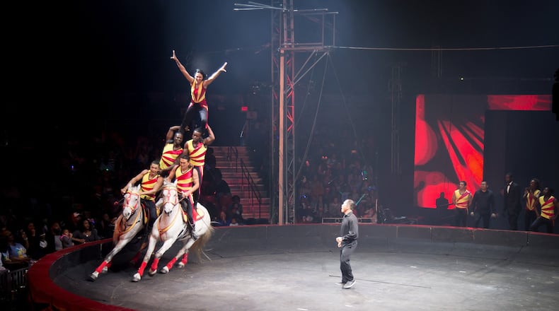 Performers build a five-man pyramid on horseback during a UniverSoul Circus performance Sunday in Atlanta. CONTRIBUTED BY STEVE SCHAEFER