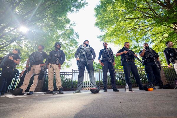 Members of the Atlanta Police Department await directions as they prepare for a mass casualty training exercise at Centennial Olympic Park on Monday, May 4, 2026, ahead of the World Cup. (Miguel Martinez/AJC)