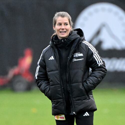 FILE - Union Berlin's co-coach Marie-Louise Eta leads a soccer training session on Monday, Nov. 20, 2023. (Matthias Koch/dpa via AP, File)