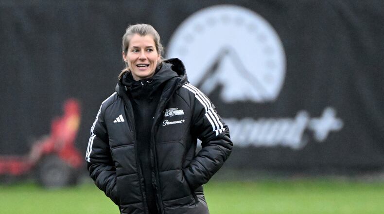 FILE - Union Berlin's co-coach Marie-Louise Eta leads a soccer training session on Monday, Nov. 20, 2023. (Matthias Koch/dpa via AP, File)