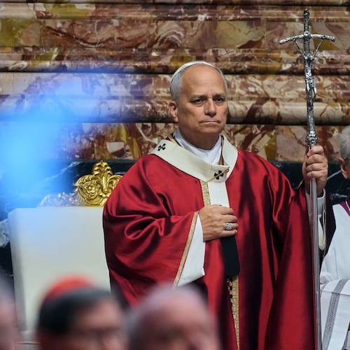 FILE - Pope Leo XIV arrives in St. Peter's Basilica at the Vatican for Mass for the repose of the soul of the late Pope Francis and deceased cardinals, Monday, Nov. 3, 2025. (AP Photo/Andrew Medichini), File)