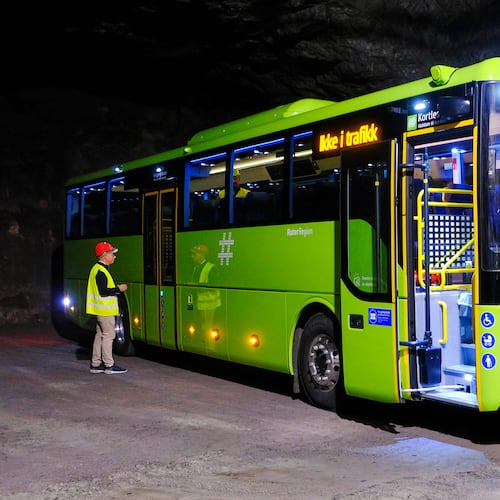 This photo provided by Ruter AS show a Yutong bus, owned by Norwegian public transport operator, Ruter, during a test of the vehicle's communication system on Aug. 14, 2025, in Sandvika, Norway. (Eilif Swensen/Ruter AS via AP)